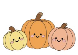 Three cute cartoon pumpkins with smiling faces and rosy cheeks, one yellow, one orange, and one peach-colored, each with a brown stem.
